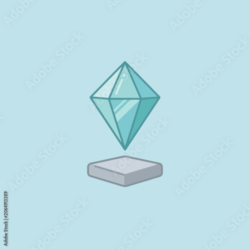 A glowing blue gemstone floats above a simple grey platform base
