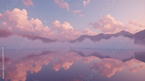 Cinematic Fantasy Landscape with Lavender Peach Sky and Mirror Lake