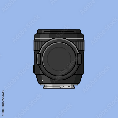 A detailed illustration of a professional camera lens on blue