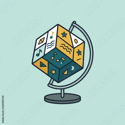 A stylized cube globe sits on a simple metal desk stand