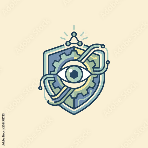 A digital shield icon featuring a central eye and gear mechanism