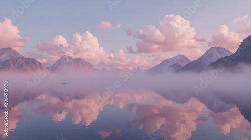 Pastel Dream World Mountains Floating Above a Glass Like Lake