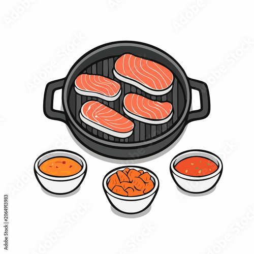 Salmon Steaks Grilling with Sauces