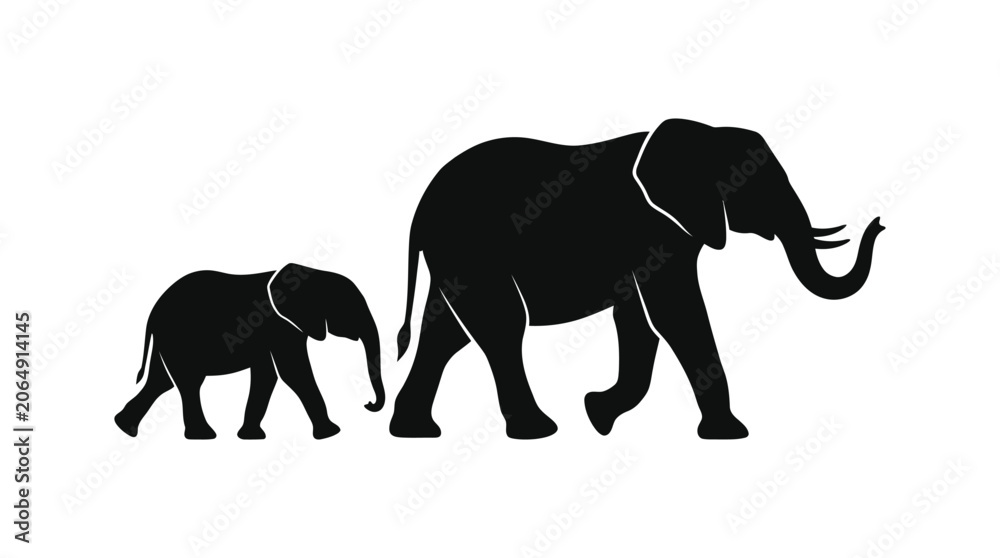 Fototapeta premium Elephant Silhouette With Calf On White Background