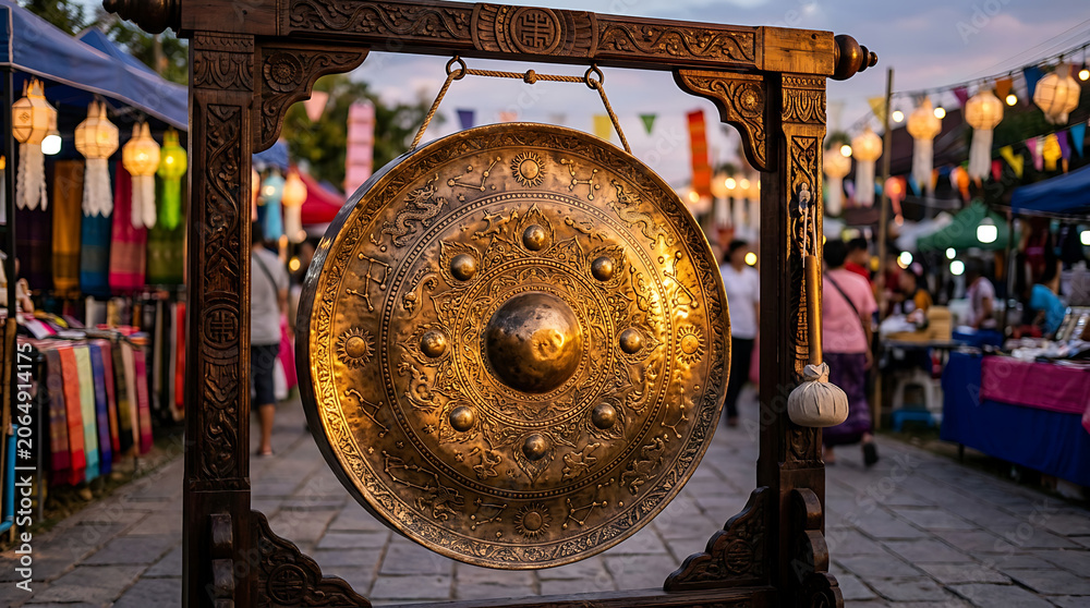 Naklejka premium Ornate Bronze Gong with Intricate Carvings Hung in Traditional Wooden Frame Outdoors During Festival