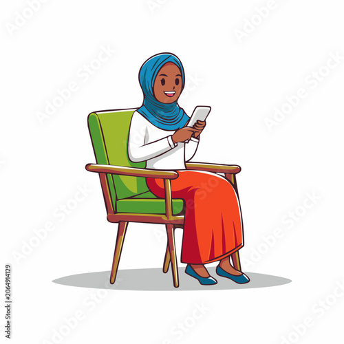 Woman in Hijab Using Smartphone While Sitting on a Chair
