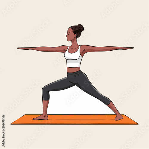 Woman practicing Warrior II yoga pose on mat