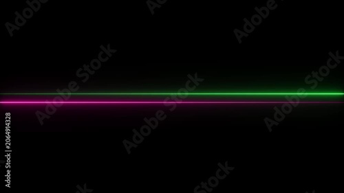 Two parallel neon light lines, one green and one pink, on a black background image photo