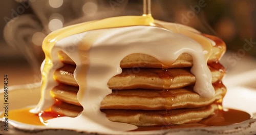 Stack of fluffy pancakes drizzled with syrup and cream on a rustic table with soft lighting