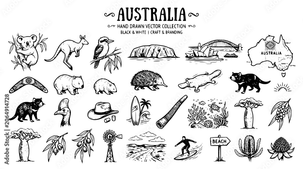 Fototapeta premium Hand drawn australia vector collection with animals, landmarks and plants