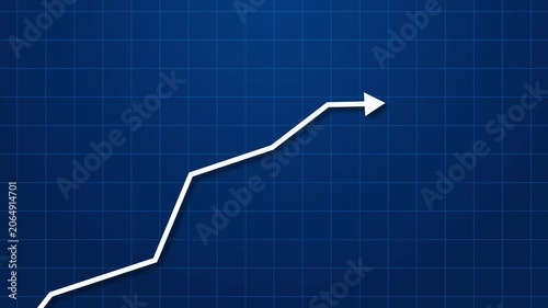 White upward trending line graph arrow on a dark blue grid background chart