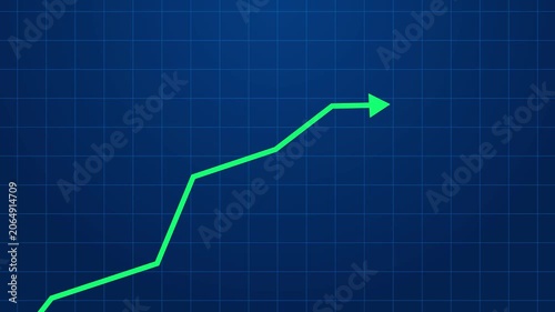 Green upward trending line graph arrow on a dark blue grid background chart