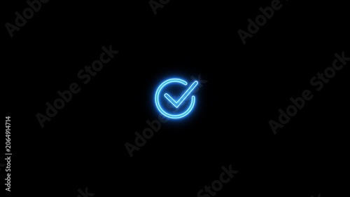 Blue neon checkmark symbol glowing on a black background tick sign