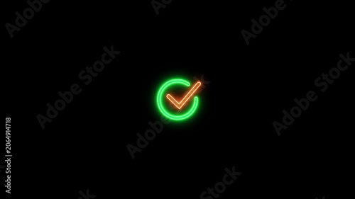 Neon green and orange checkmark inside a circle on a black background tick approved