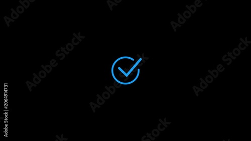 Cyan blue neon checkmark symbol glowing on a black background tick sign