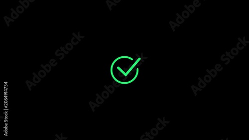 Green neon checkmark symbol glowing on a black background tick sign
