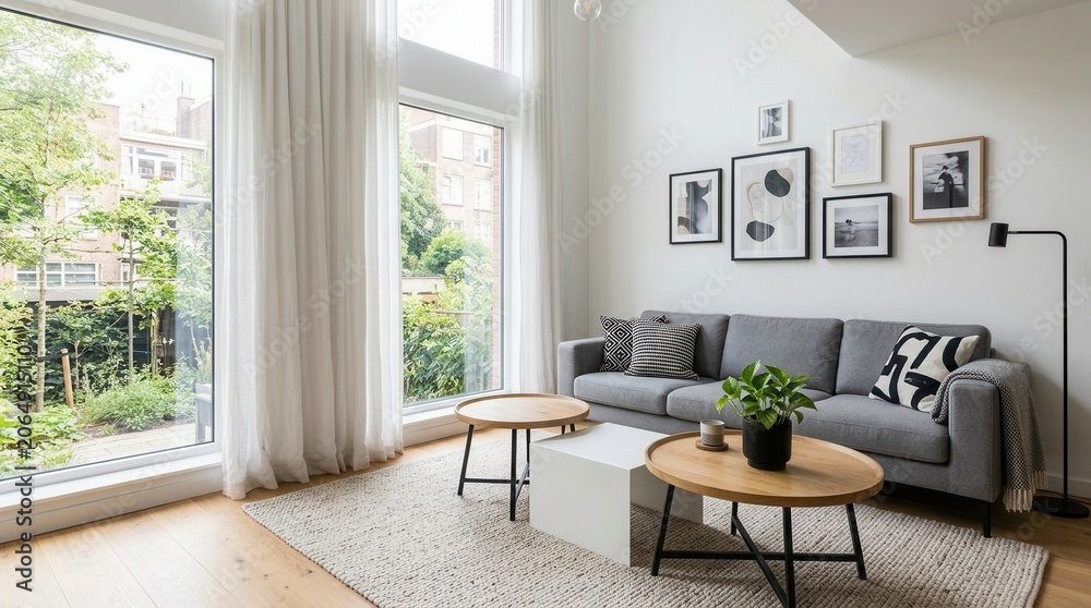 Fototapeta premium Modern Living Room Design with Stylish Décor, Carpets, and Comfortable Sofas in interior of carpet