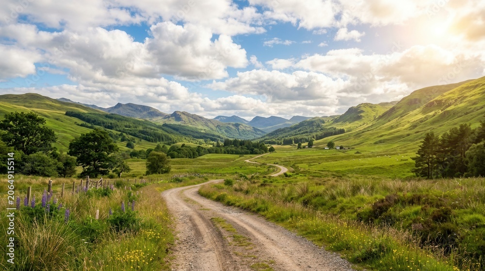Fototapeta premium Scenic Winding Road Through Lush Hills Toward Bright Sun, a Beautiful Summer goes green towards
