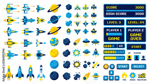 Foto Retro arcade space shooter game assets with spaceships and ui kit