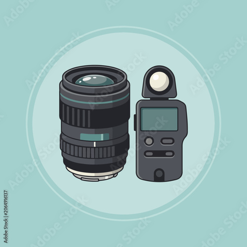 Obraz na plátně A professional camera lens and a light meter on blue background