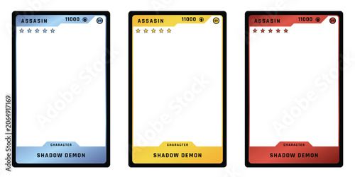 A set of three minimalist light-colored trading card templates with red accent borders and title bars, character name fields, star rating rows, and role name labels in dark red/shadow theme.