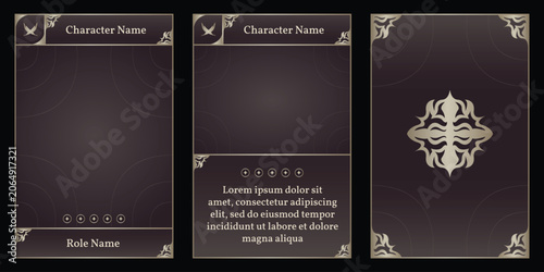 A set of three dark brown and grey premium trading card templates with ornate heraldic emblem, elegant borders, character name fields, star ratings, and role name labels.