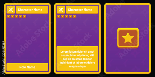 A vibrant set of three purple and gold trading card templates featuring bold yellow borders, glowing star icons, character name badges with red close buttons, star rating rows, and role name fields.