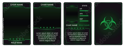 Set of four dark green biohazard-themed trading card templates with glowing green toxic symbol, grid backgrounds, stat bars, star ratings, and character name fields. Ideal for survival horror.