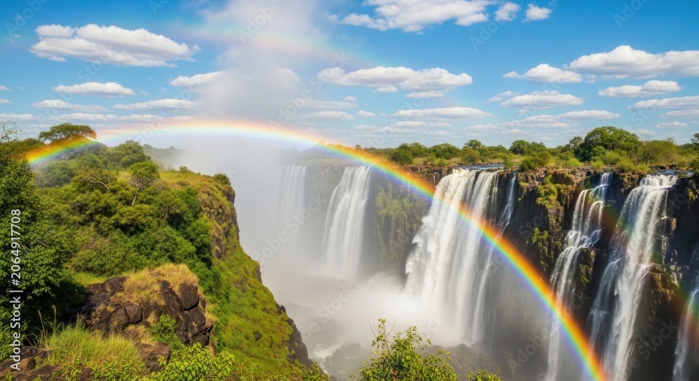 Fototapeta premium Victoria falls zimbabwe majestic waterfall with vibrant rainbows and lush green vegetation