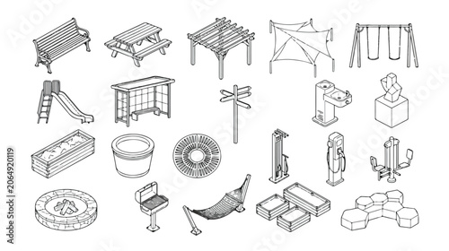 Foto Isometric park furniture icons set, 20 outdoor landscape elements vector, public