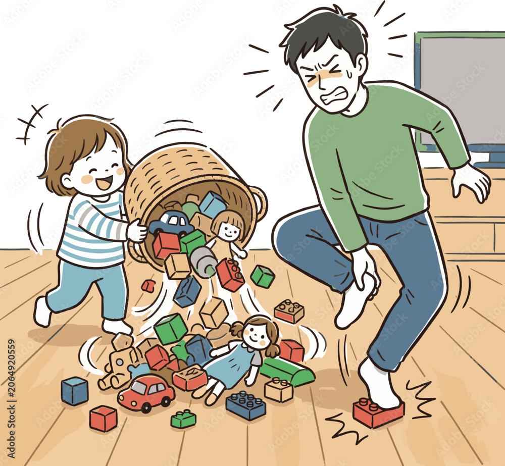 Naklejka premium Father stepping on a toy block in pain. Comic style line art parenting struggle vector illustration. 