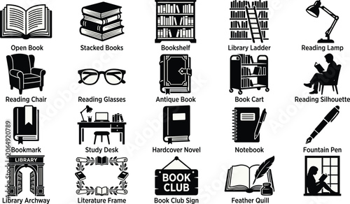 Library and Literature Silhouette Icon Collection Featuring Books, Reading Tools, and Study Elements