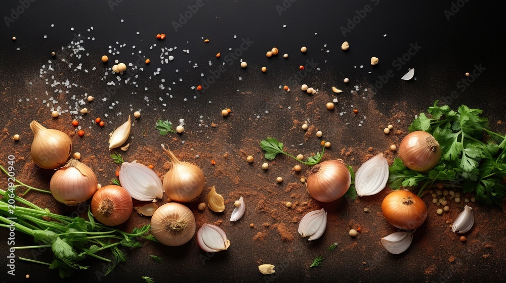 Fototapeta premium Flying Onion Herbs and Spices Collage Isolated