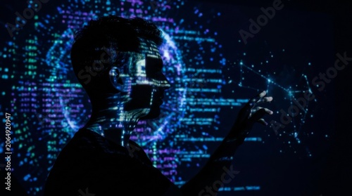 Silhouette of an individual engaging with digital data displays in a dimly lit setting