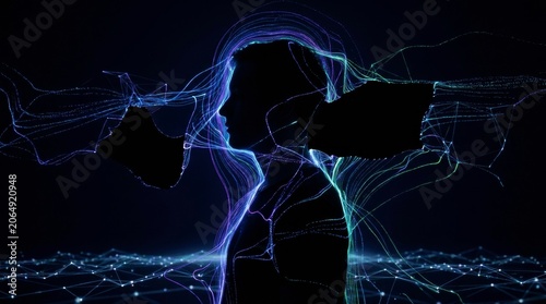 Colorful light trails symbolize the connection between technology and human emotions in a modern digital landscape