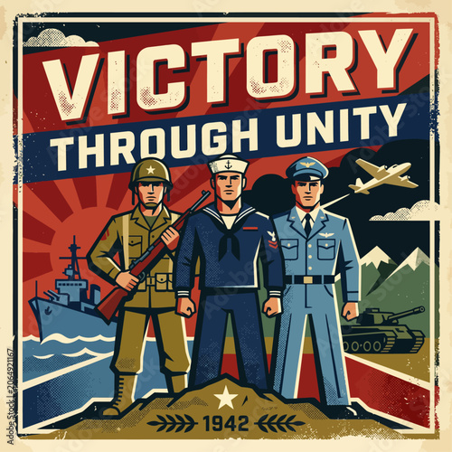 Konstfotografi Victory Through Unity Retro Military Propaganda Poster with Soldiers Sailors and