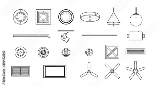 Fotografía Architectural lighting symbols and ceiling fan icons, 20 technical CAD vector el