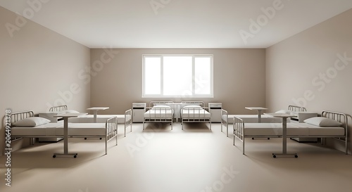 A hospital room with six beds and a large window