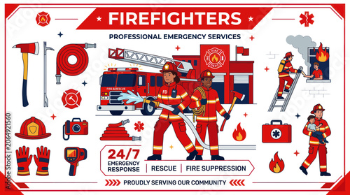 Cuadro en lienzo Firefighters in action with emergency response vehicles and gear