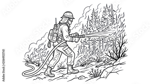 Fotografie Brave firefighter battling a forest wildfire with a hose