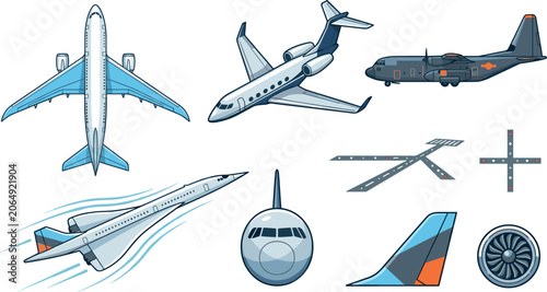 Airplane Vector Icon Set Featuring Commercial Jets Cargo Planes Supersonic Aircraft Runway Paths Tail Fins and Turbine Engines