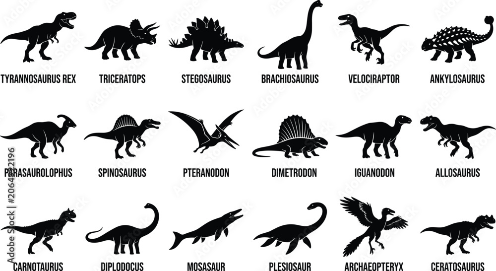 Fototapeta premium Prehistoric Dinosaur Silhouette Vector Bundle with Tyrannosaurus, Triceratops, Stegosaurus, and Marine Reptiles