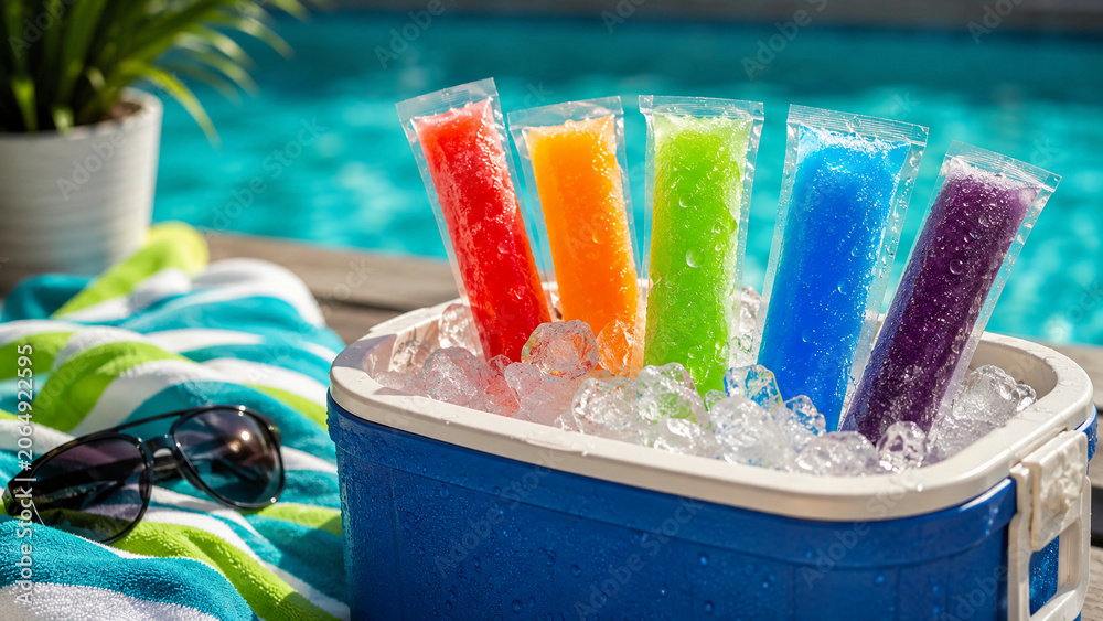 Obraz premium Colorful frozen ice pops in a blue cooler box filled with ice cubes next to a swimming pool, capturing a vibrant summer vacation, refreshment, and holiday lifestyle concept.