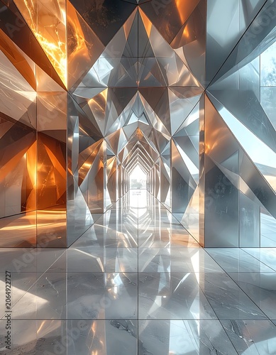 A futuristic, shiny, geometric corridor with reflective surfaces