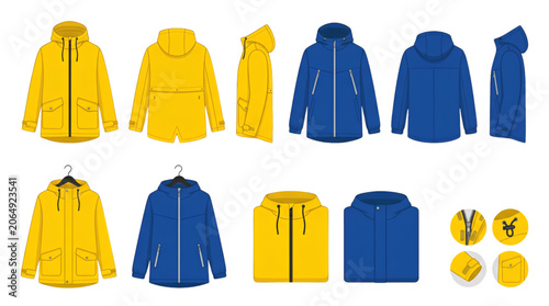 Картината върху платно Yellow and blue raincoat collection waterproof clothing vector illustration isol