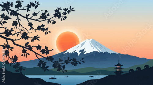 Bild auf Leinwand Mount Fuji Japan landscape with pagoda and cherry blossom tree at sunset