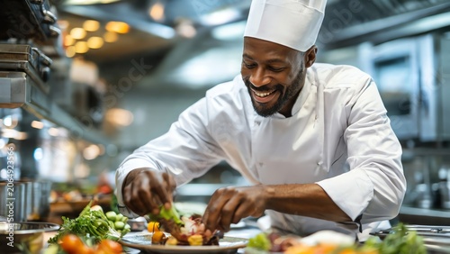 Smiling chef preparing gourmet dish in a professional kitchen