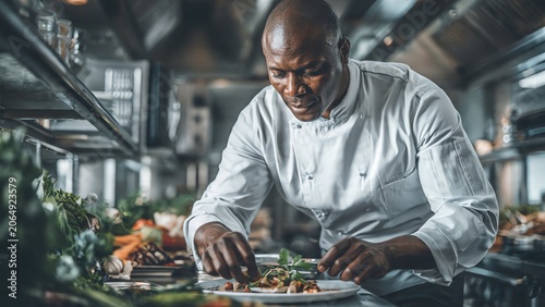 Professional chef garnishing dish in modern restaurant kitchen