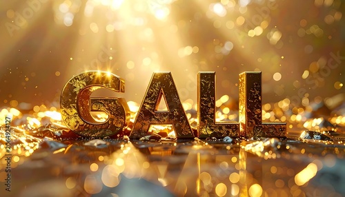 Glittering gold text on reflective surface with bokeh lights