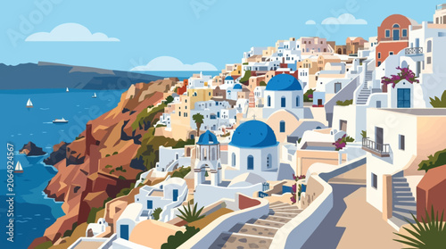 Fotografie Santorini Greece scenic view white buildings blue domes sea
